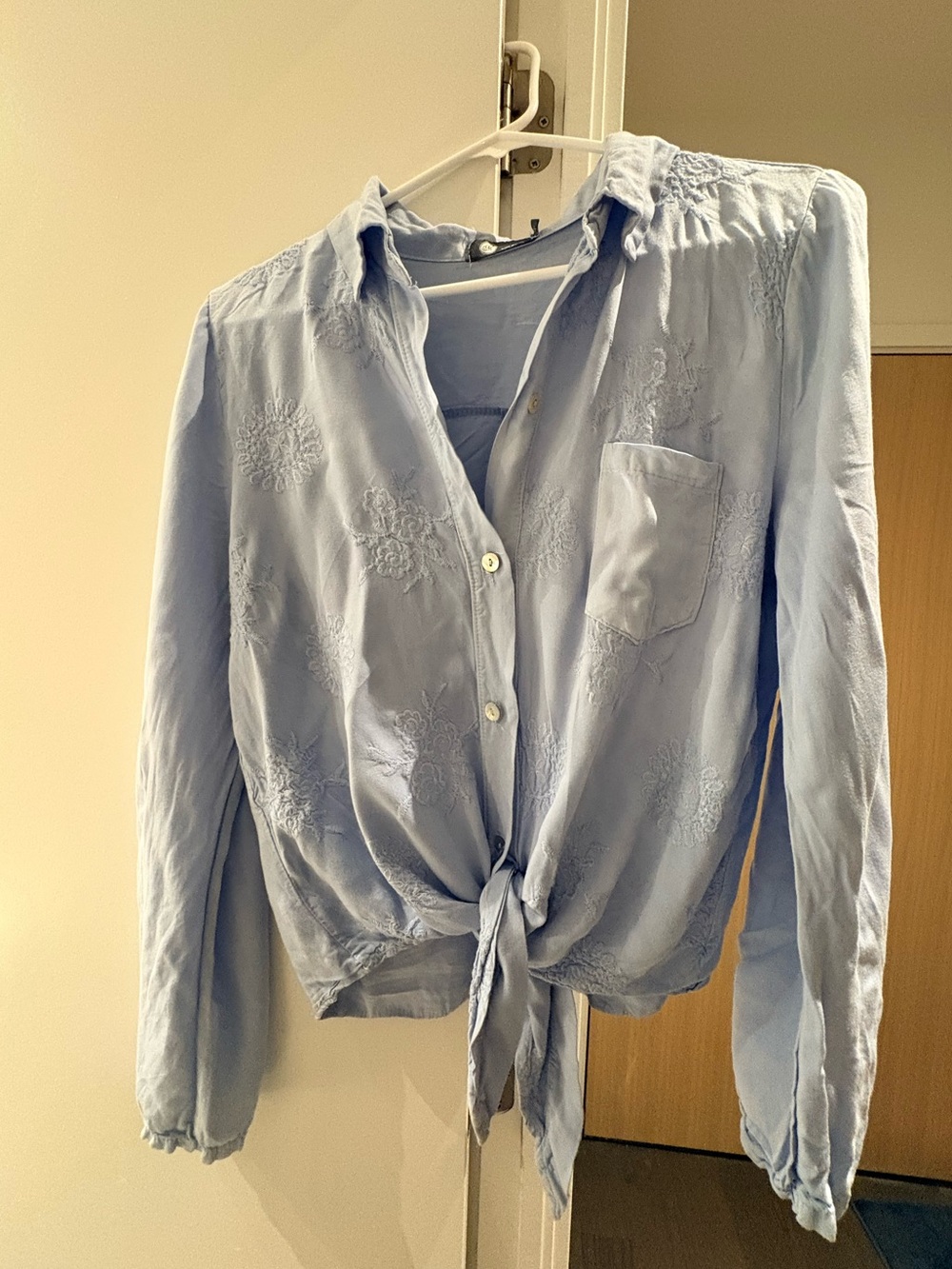 Made In Italy Light Blue Tie-Front Embroidered Button-Up Top